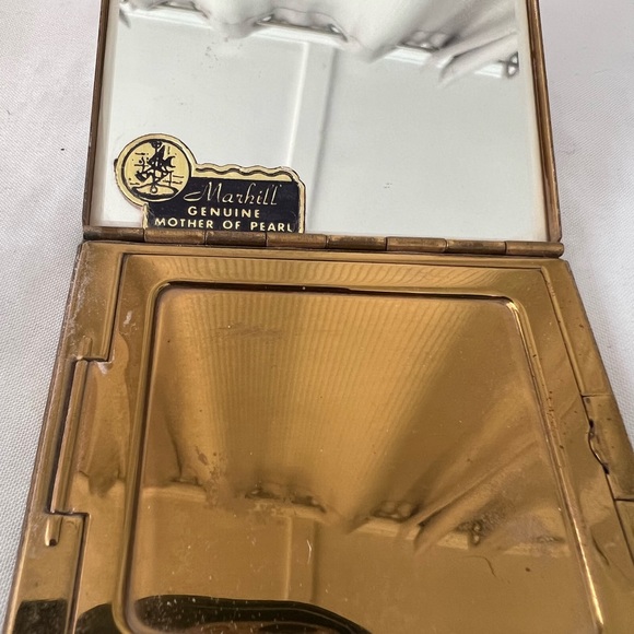 Antique Vintage Mother of Pearl & Blue Rhinestone Mirror Powder Beauty Compact - Picture 8 of 9